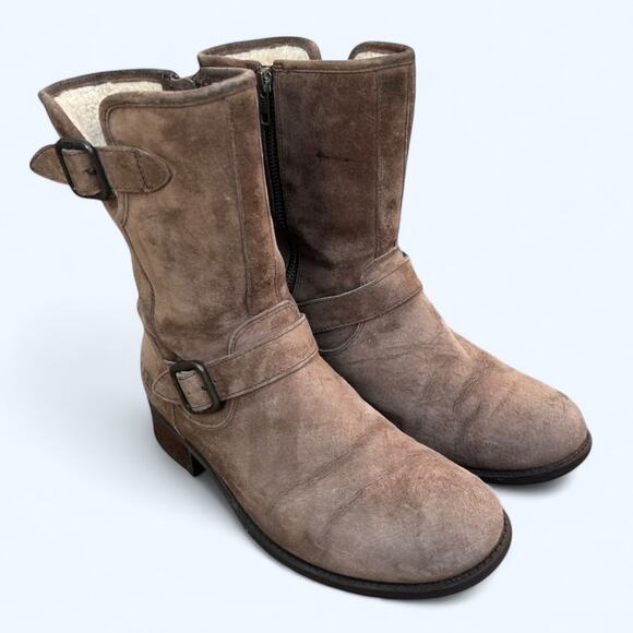 UGG Australia Chaney Brown Moto Engineer Boots Shearling Lined Suede Women's 8.5 - Picture 13 of 15